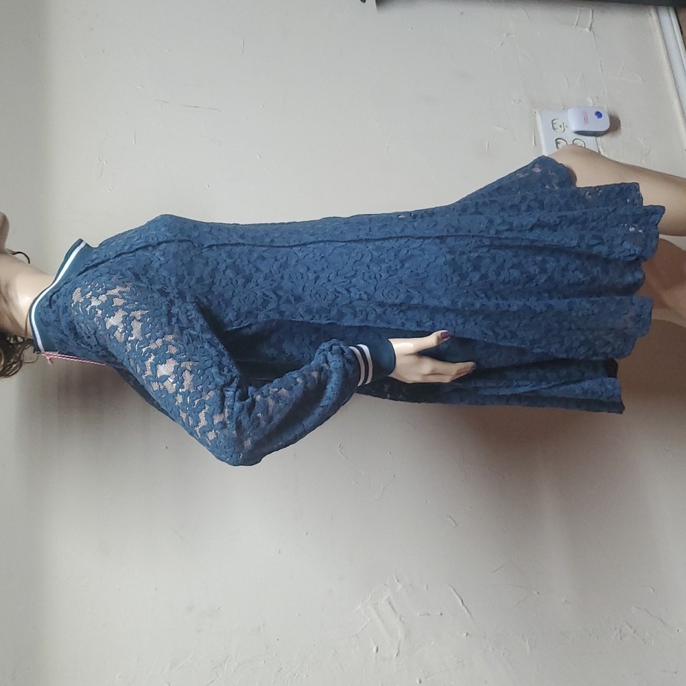 Umgee NEW Blue Lace Stripe Trim Long Sleeve Lined Preppy Dress Size Small